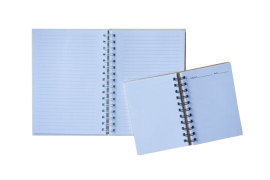 Two open journal notebooks on top of brown cardboard desk. Flat lay. Isolated on transparent background.