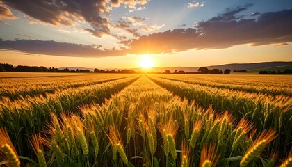 Sunset over golden wheat field.