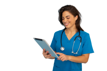 Female medical professional wearing blue scrubs and stethoscope, using digital tablet with a transparent background