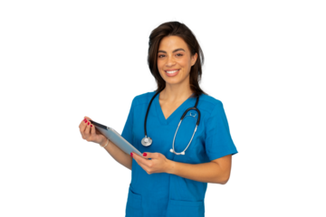 Female healthcare worker wearing blue medical uniform, using digital tablet, smiling confidently while standing against transparent background