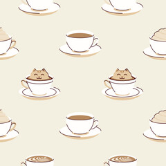 Cute illustrations of coffee in a paper cups, pastel colors, seamless pattern, flat style
