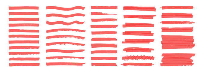 Set of marker lines with organic texture. Straight lines of a marker or brush for highlighting and underlining. Red illustration on a white background.