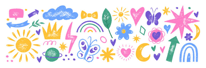 Collection of doodle hand drawn heart, crown, rainbow and clouds with crayon, pastel, chalk or pencil texture. Color vector illustration on a white background.