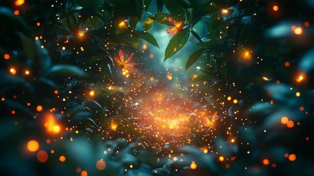 Flying colorful fireflies