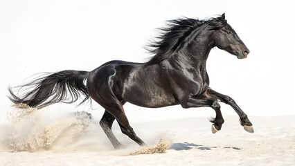 Obraz premium A stunning black horse runs gracefully, showcasing power and agility in a dynamic motion.