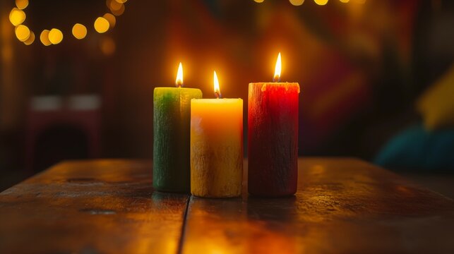 Green, yellow and red candles burn on a wooden table in the room