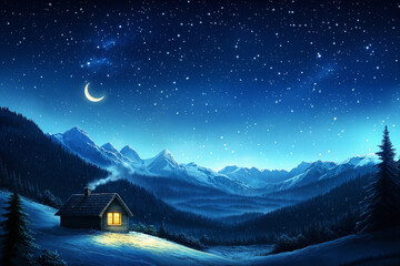 a night sky with stars and a crescent moon, above a small, cozy village house with a light in the window and smoke coming from the chimney, against the backdrop of snow-covered mountains