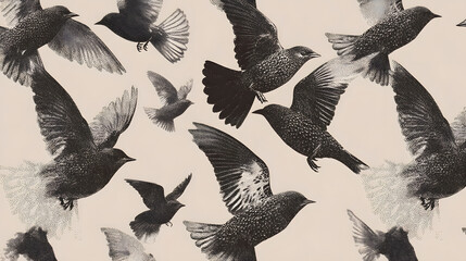 Obraz premium Flock of birds in flight, rendered with a pointillist, black and white aesthetic.