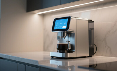 Modern Coffee Maker with Touchscreen Interface in Contemporary Kitchen with Marble Countertop and Ambient Lighting