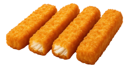 Four golden brown breaded fish sticks with a crispy texture, displayed in a row.