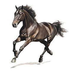 Obraz premium Beautiful brown horse galloping on a white background, photorealistic, full-body shot, high resolution, hyperrealistic, no shadow at the bottom of the picture.