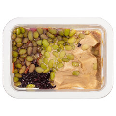 Edamame with black rice and tofu in a plastic container on white background