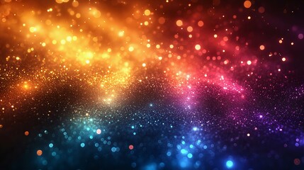 Vibrant cosmic background with shimmering lights and colorful bokeh effects. Perfect for use in digital art, tech designs, and abstract themes.