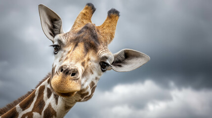 Naklejka premium Close-up of a giraffe showcasing its unique facial features and textures, set against a moody cloudy sky, capturing wildlife beauty
