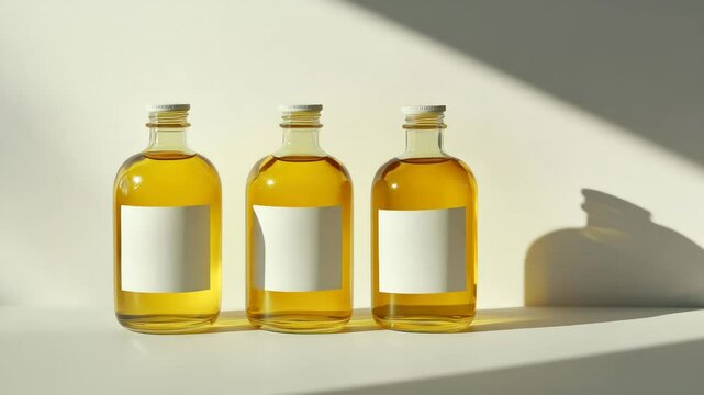 Sunlit Golden Elixir: Three Glass Bottles with Blank Labels for Branding Mockup