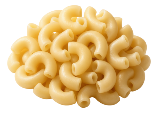 Pile of uncooked elbow macaroni pasta with a smooth, tubular shape.