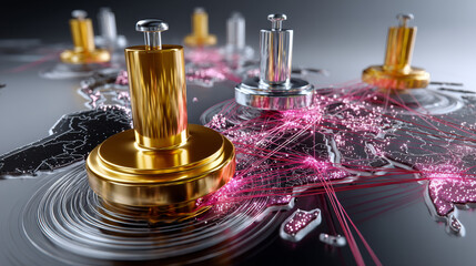 Push pins network or map, yellow and pink pushpins connection, thumbtacks connected with red thread, Isolated paperwork accessories, memory board, needles for notes or schedule Realistic 3d vector