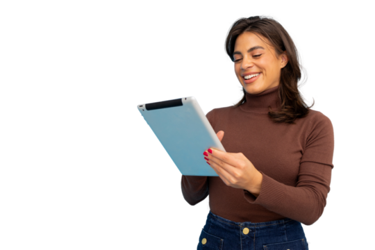 Professional businesswoman working on digital tablet, standing against transparent alpha channel background - Powered by Adobe