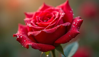 A close-up macro photograph of a fresh red rose 