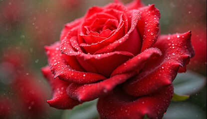 A close-up macro photograph of a fresh red rose 