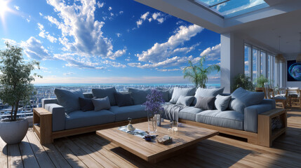 Fototapeta premium Wooden terrace view on fluffy clouds in blue sky. Outdoor home or hotel patio with sofa and table on wood floor at nature landscape with beautiful cloudscape, relax area, Cartoon vector illustration