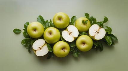 Obraz premium Fresh green apples with leaves on a pastel green background, a healthy food