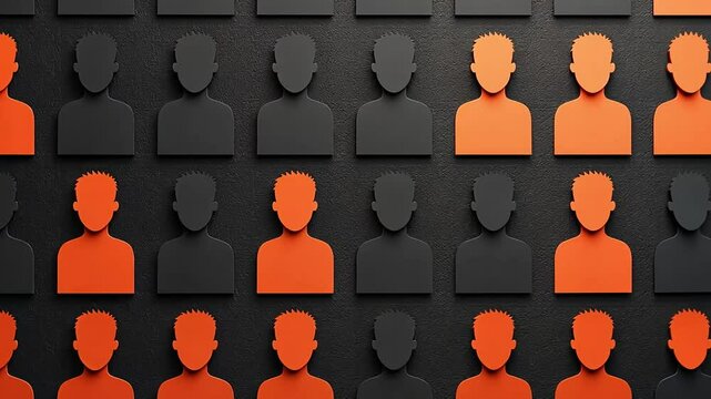 Orange and black user icons on a textured dark background create a striking visual pattern