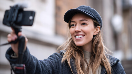 Young woman vlogging with smartphone outdoors
