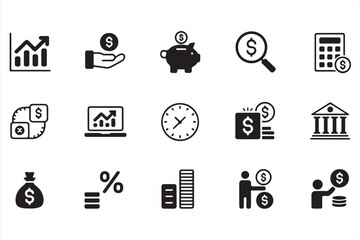 Set of Finance and Business Icons for Economic Growth, Budgeting, and Banking