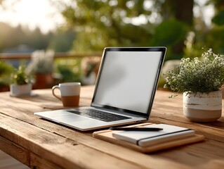 Fototapeta premium A minimalist business workspace with an open laptop, notebook, and pen on a clean wooden desk. Bright natural lighting and neutral tones make it ideal for commercial and creative use