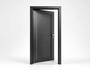 Black metallic door frame isolated on white. Modern entrance design. Minimalist architectural home design. Glass door, interior, exterior element. 