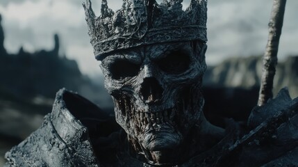 The ancient crown on the undead warriors head is cracked and crumbling, adding to the sense of doom and despair