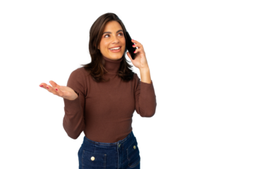 Young woman smiling and gesturing while speaking on a mobile phone, isolated on transparent background