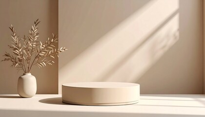 Beige podium with sunlit room, and plants.