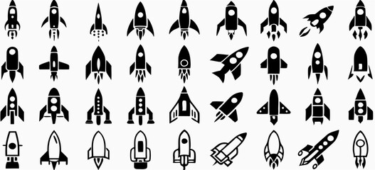 30 Black Rocket Ship Icons; Startup, Space, Launch
