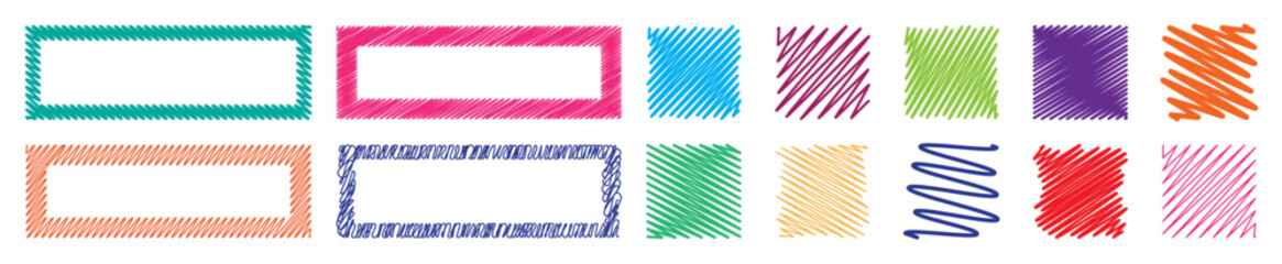 Obraz premium Doodle scribble multicoloured shapes and frames collection. Square, rectangle set. The hand drawing effect. Brush texture. Editable stroke. Vector elements for posters, banners, design and projects.