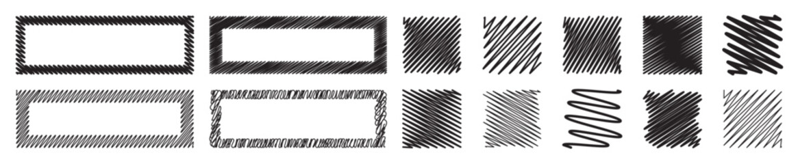 Doodle scribble black shapes and frames collection. Square, rectangle set. The hand drawing effect. Brush texture. Editable stroke. Vector elements for posters, banners, design and projects.