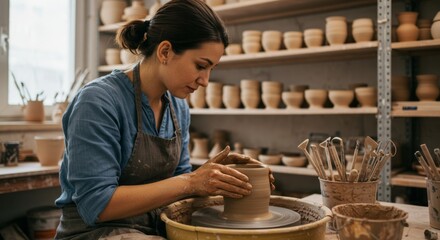 Woman shapes clay on a pottery wheel in her studio, shelves filled with finished pots