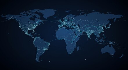 Fototapeta premium World map with illuminated cities and connecting lines across continents on a dark blue background