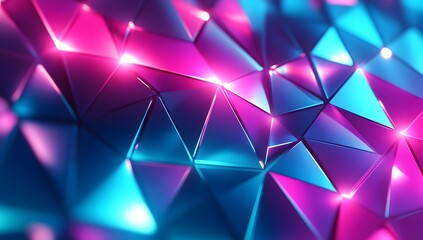 Vibrant neon blue and pink light triangles arranged in an endless tunnel, creating a dynamic background 