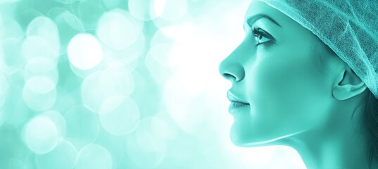 Serene Profile Woman In Surgical Cap, Teal Bokeh Background, Health, Wellness, Beauty, Copy Space