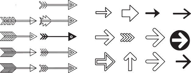 Collection of Various Arrow Designs in Black and White Including Native American Style Directional and Modern Arrows for Web Design