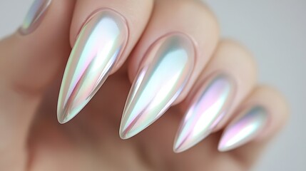 Close-up of holographic chrome manicure on long nails