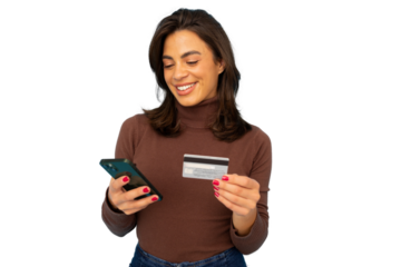Smiling female completing digital transaction, using mobile device and banking card against transparent backdrop