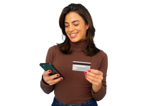 Smiling female completing digital transaction, using mobile device and banking card against transparent backdrop
