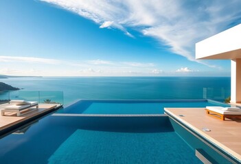 Obraz premium Modern minimalist suite, panoramic ocean view, infinity pool, private balcony, glass, idyllic