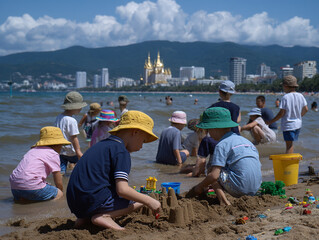 Children playing in the sand at the beach