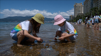 Children playing in the sand at the beach