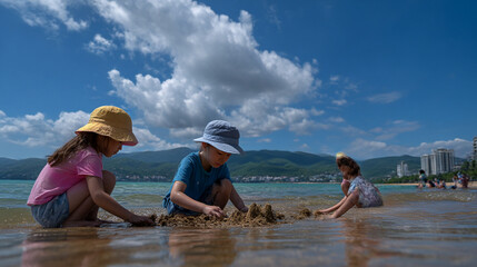 Children playing in the sand at the beach
