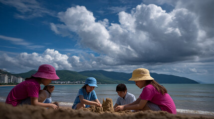 Children playing in the sand at the beach